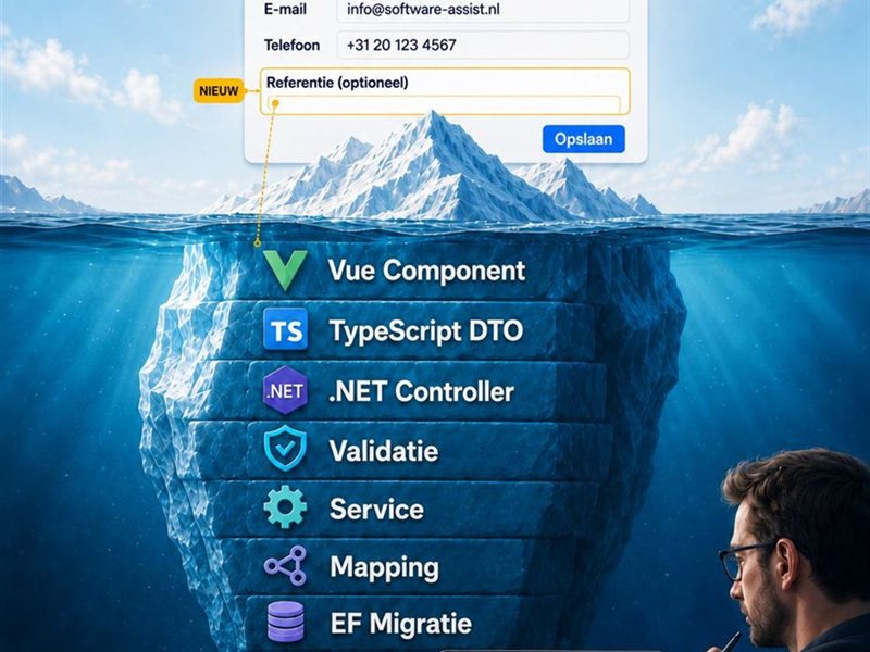 IJsberg: boven water één invoerveld, onder water negen lagen werk van Vue tot Kubernetes