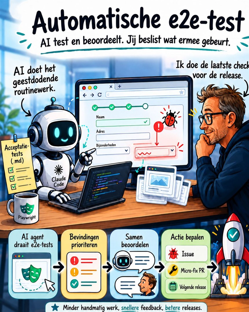 Een AI-agent draait end-to-end browsertests en vindt een bug; de developer beoordeelt en beslist over de release