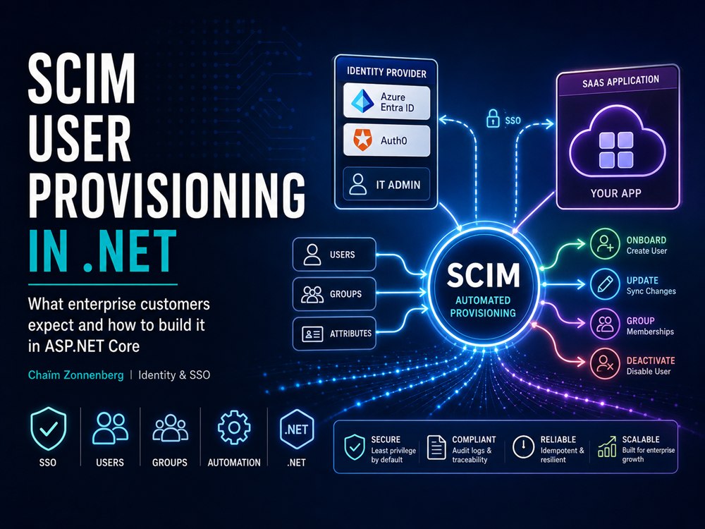 Diagram of SCIM automated provisioning between an identity provider (Azure Entra ID, Auth0) and a SaaS application