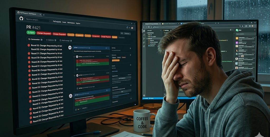 Een ontwikkelaar met het hoofd in de hand naast een pull request met tientallen reviewrondes