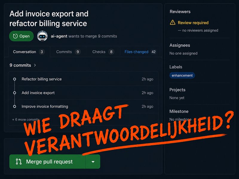 Nagebouwde GitHub pull request van 'ai-agent' (9 commits, 42 gewijzigde bestanden), met 'Review required, no reviewers assigned' en 'No one assigned', en in oranje handschrift 'Wie draagt verantwoordelijkheid?' over de groene 'Merge pull request'-knop.