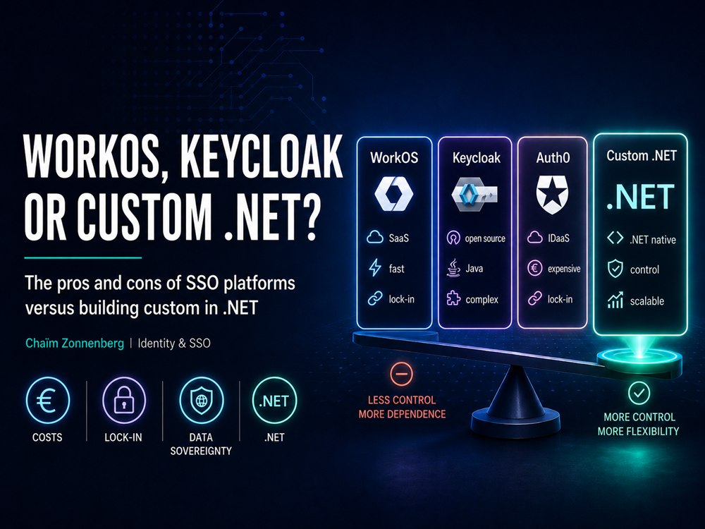 Scale weighing WorkOS, Keycloak and Auth0 against custom .NET on cost, lock-in and data sovereignty